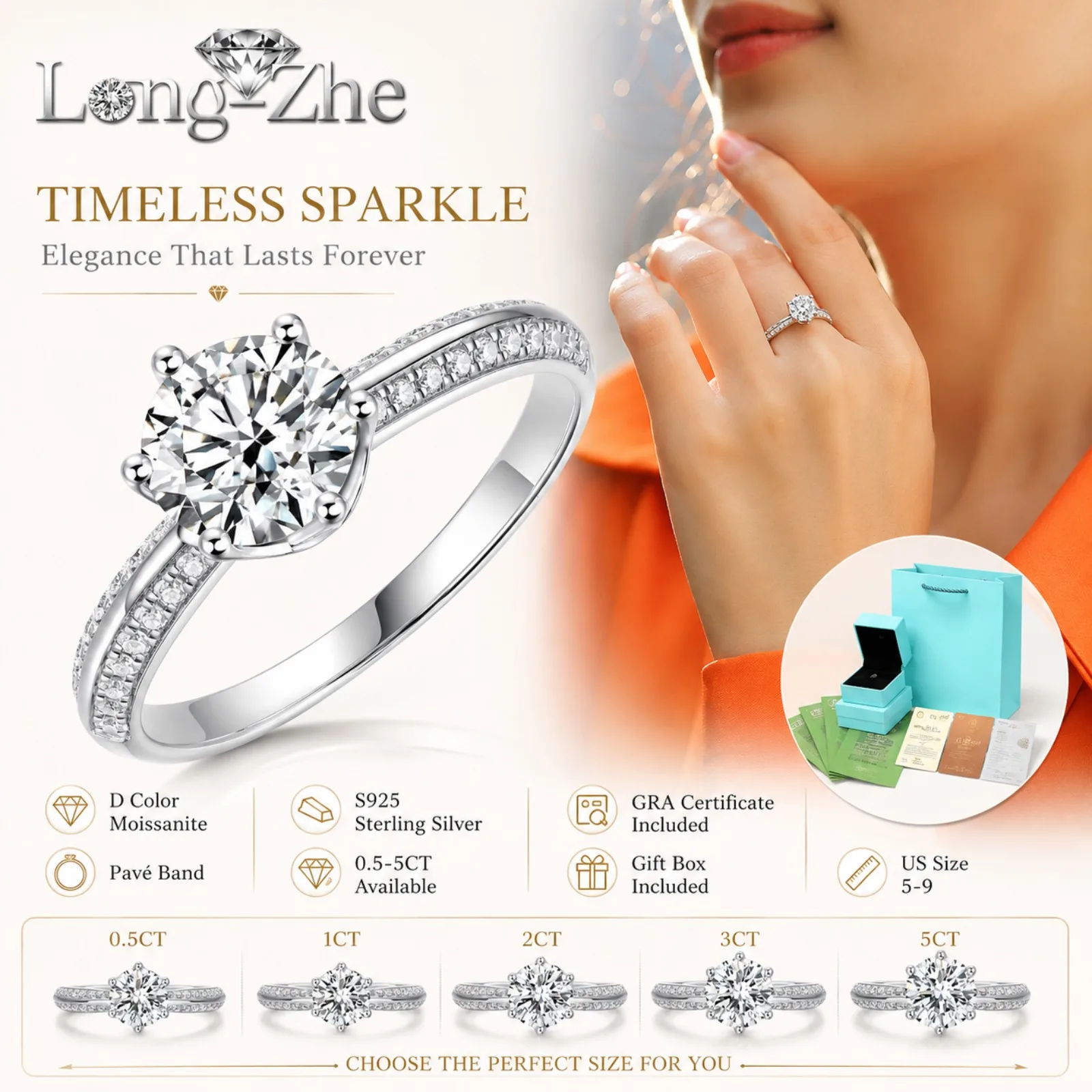 

D Color Moissanite Ring S925 Sterling Silver 0.5-5CT Round Cut 6-Prong Pave Engagement Ring GRA Certified Gift for Women