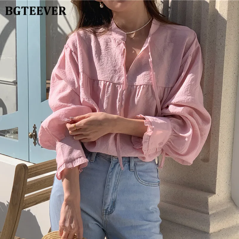 

BGTEEVER Casual Lace-up Solid Shirts for Women Long Sleeve Loose Ladies Blouses Spring Summer Female Tops Blusas