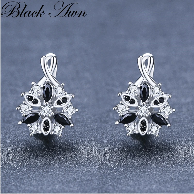 Black Awn 2024 New Silver Color Round Trendy Spinel Engagement Flower Hoop Earrings for Women Jewelry Bijoux I212