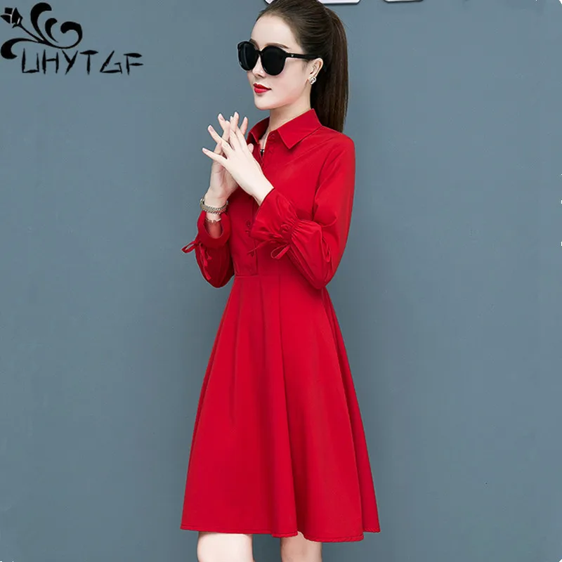 

UHYTGF S-5XL Thin Dress Women's Single Breasted Pullover Spring Autumn Dresses Female Long-Sleeved Elegant Ladies Mini Dress 282