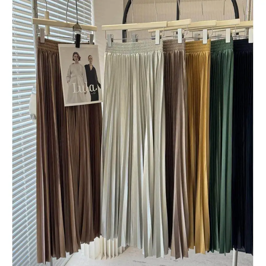 

High Quali Women's Metal Color Pleated Skirt Drapey Flared Vintage Sle High Waist Polyester Casual Spring Summer f