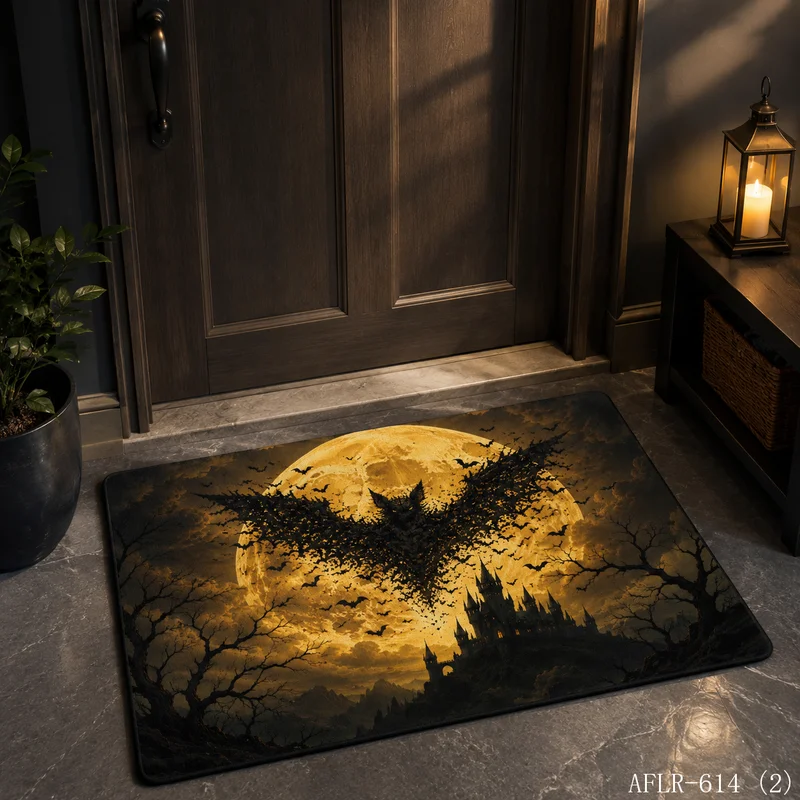 VIKAMA Giant Bat Castle Full Moon Halloween Doormat Non Slip Indoor Outdoor Rug Dark Spooky Front Entrance Welcome Door Mat