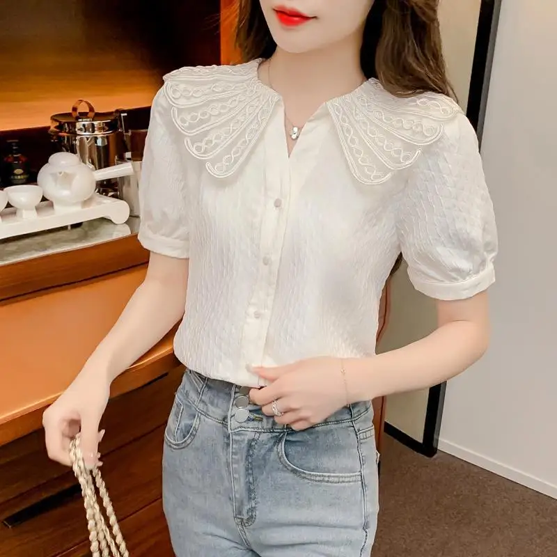 Solid Color Turn-down Collar Button Summer Cardigan Short Sleeve Gauze Embroidery Trendy T-shirt Casual Elegant Women\'s Tops