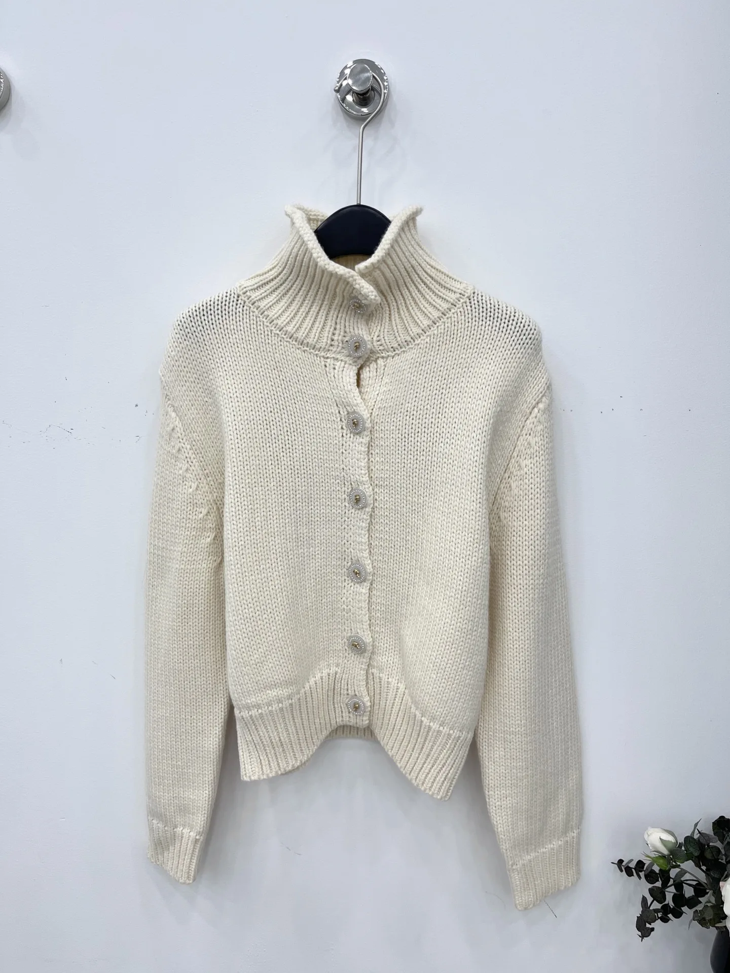 

Women's 2026 Autumn/Winter Vintage-Style Handcrafted Rhinestone Button Knit Wool Turtleneck Cardigan Jacket