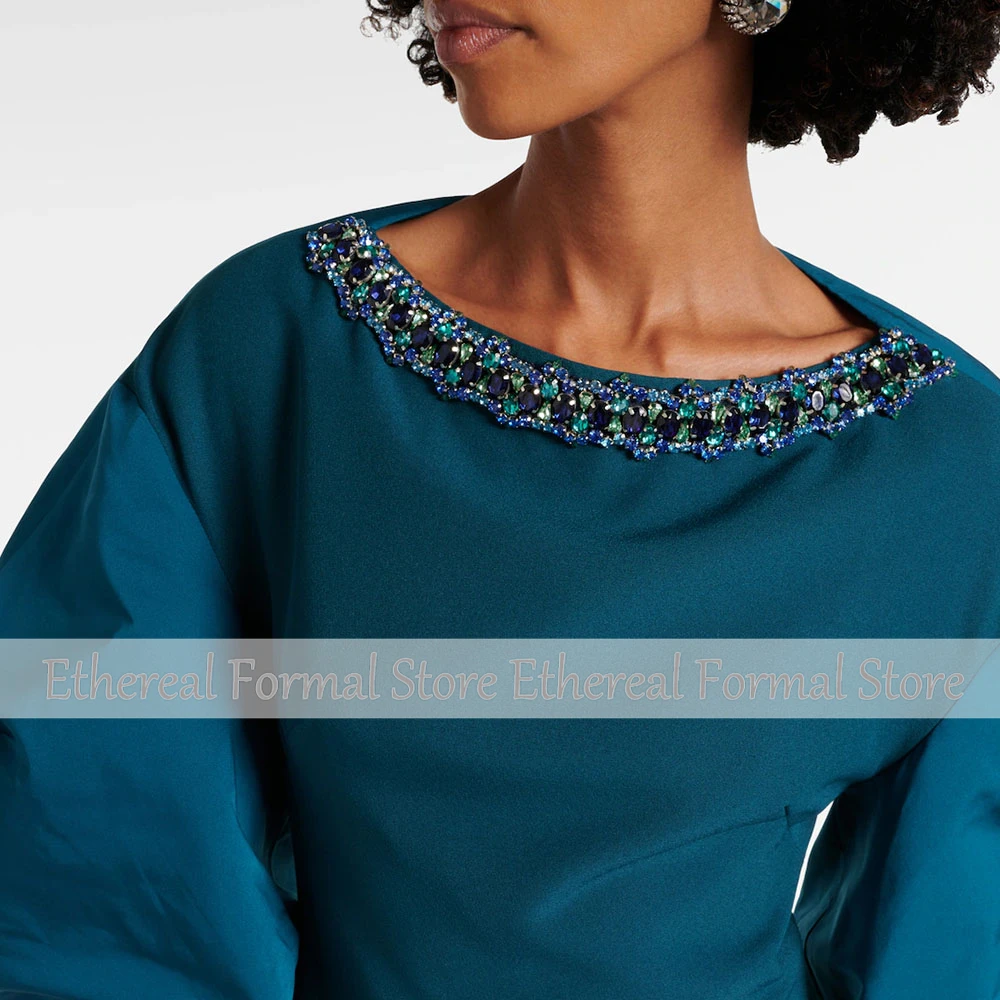 Modern Green O Neck Evening Gown For Wedding Mermaid Ankel Length Formal Party Dress Beading Prom Dress Puff Sleeves Saudi Dress