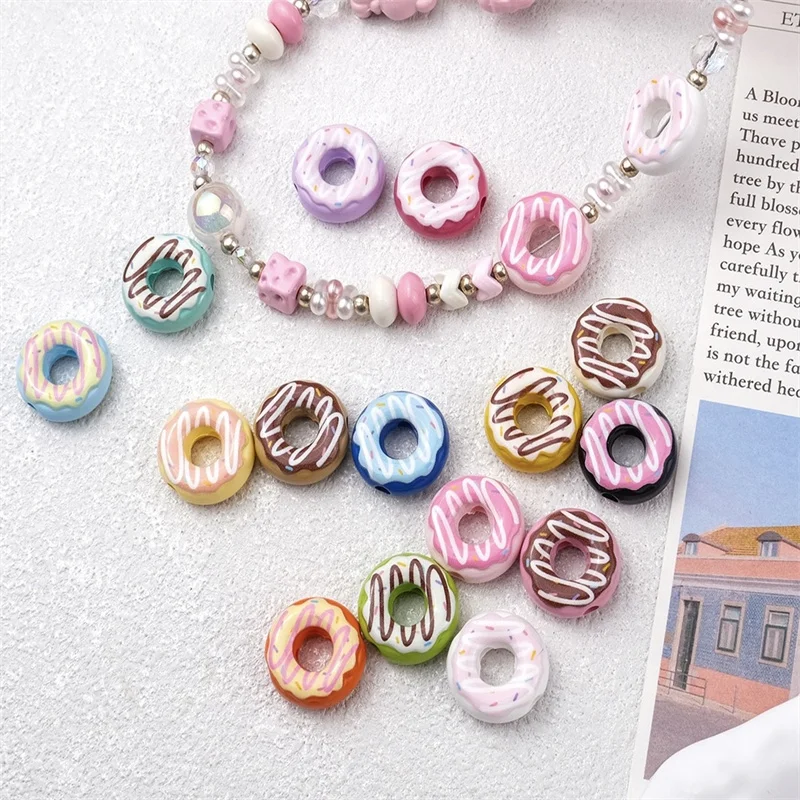 New arrived 100pcs/lot 16mm color pattern print geometry rounds cartoon Donut shape acrylic beads diy jewelry garment accessory