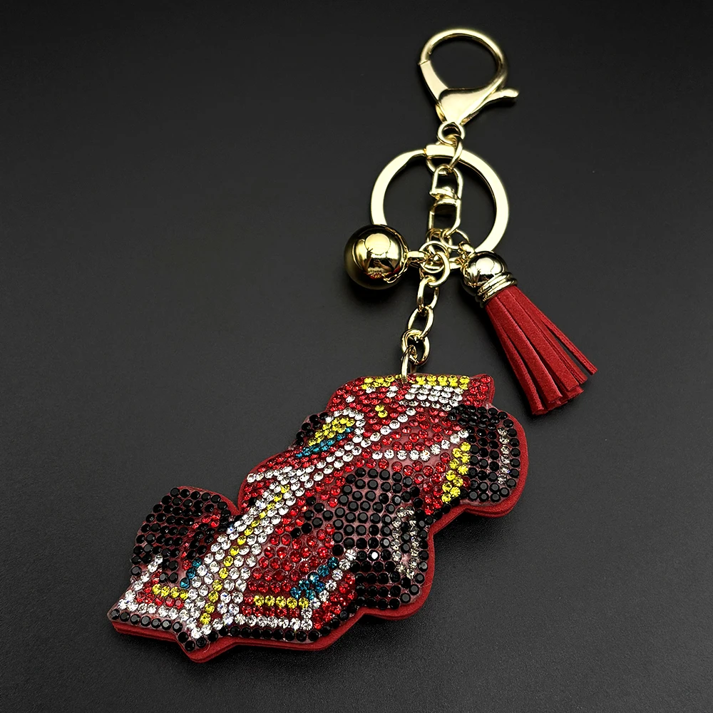 Red Racing Car Keyholder For Women Men Full Rhinestone Crystal Tassel Students Kids Shoolbag Pendant Keychain Jewelry Gifts