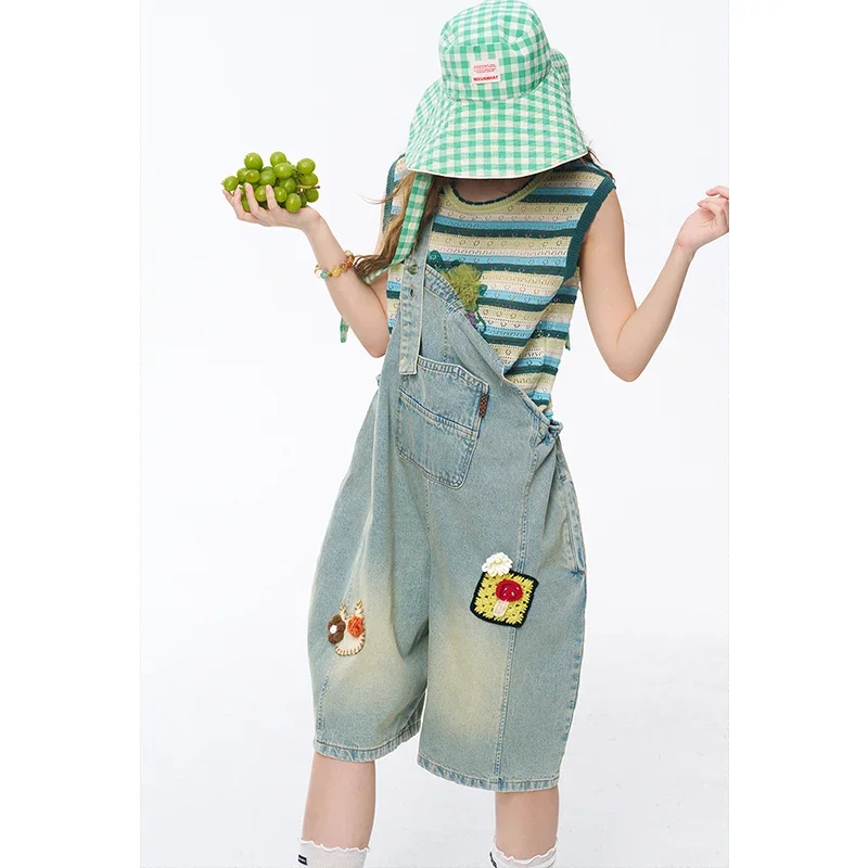 ELFSACK Denim Short Overalls with Food Patch Embroidery, Distressed Loose Balloon Jumpsuit for Daily