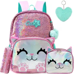 Meetbelify Cute Backpack for Girls Pink Cat School Backpacks Kids Sequin Bookbag for Elementary Kindergarten Students with Lunch