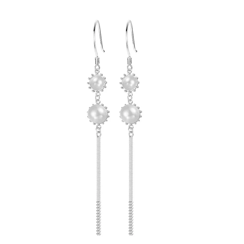 Sterling Silver Earrings Women's Crystal Zircon Round Pearl Tassel Earhook Sweet Romantic Fashion Jewelry Couple Gift