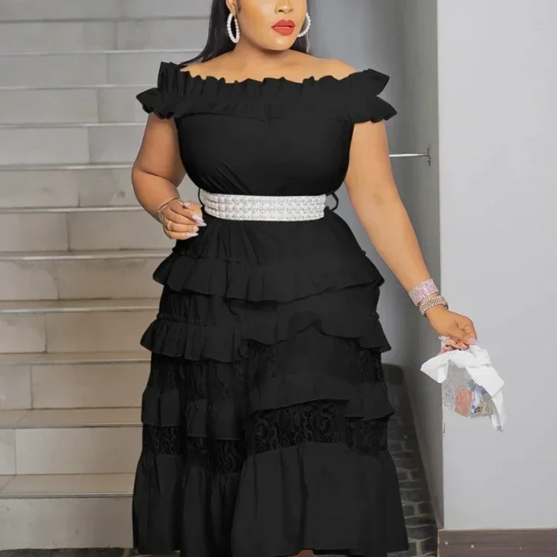 

Elegant Women A Line Dresses Off Shoulder Short Sleeve Lace Patchwork Layered Princess Dress Midi Summer Chic Clothes 4XL 5XL
