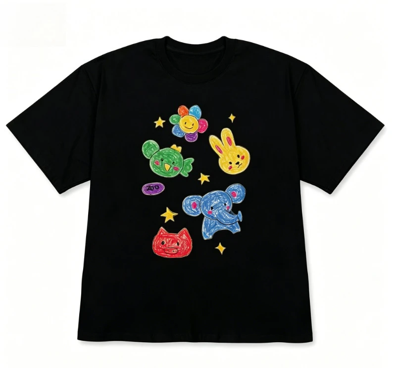 Cute Korean Fashion Crayon Zoo Print Tee Versatile Short Sleeve Women Colorful Hand Drawn Animals Crew Neck Minimalist Loose Tee
