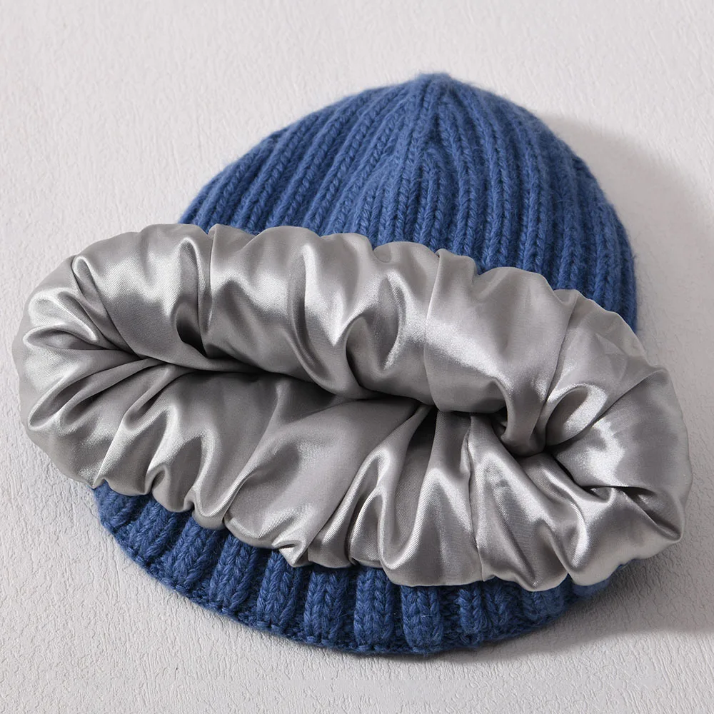 Winter-Seidensatin-gefütterte Beanie-Mütze für Damen und Herren, Unisex, dicke, klobige Mütze, gestreift, warm, weich, hochwertige Kaschmir-Strickmütze – Detail 40