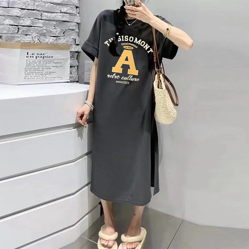 Summer New Letter Print Simple Versatile Plus Size Loose Short Sleeve Dress