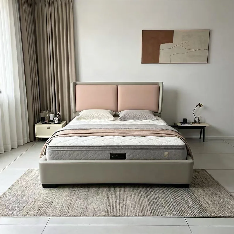 Italian minimalist leather bed first layer cowhide flush bed modern minimalist double soft bag small apartment master bed