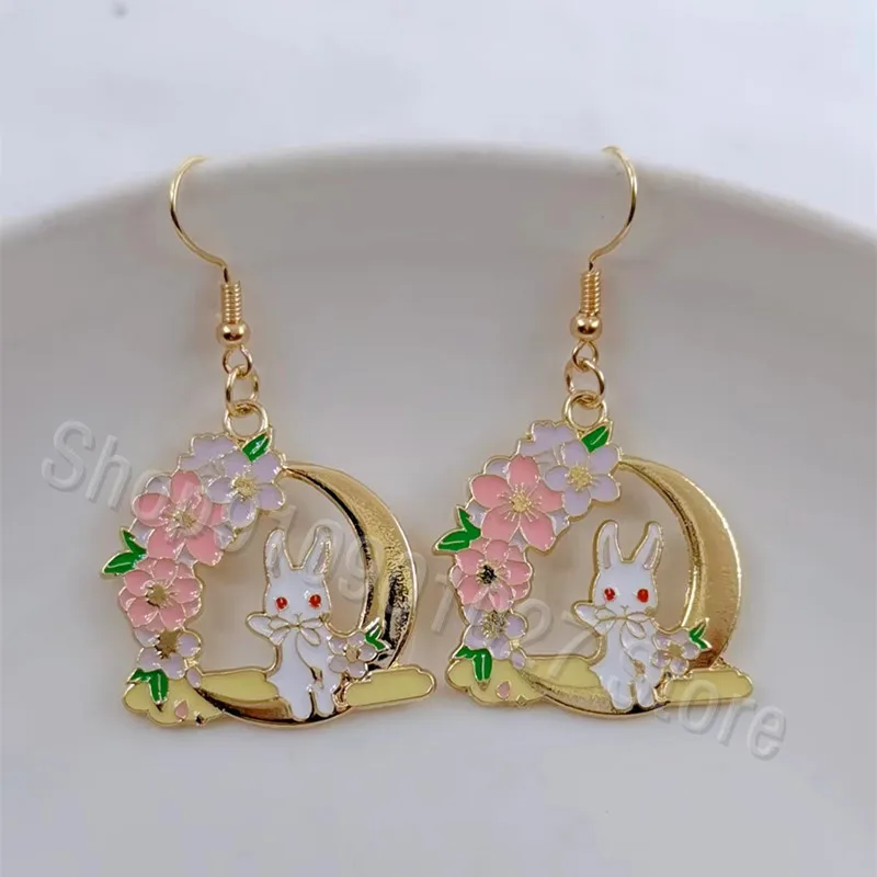 Cute Fashion Rabbit Moon Star Earrings Girl Cute Enamel Rabbit Earrings Wedding Pendant Jewelry Rabbit Year Earrings Gift image 3