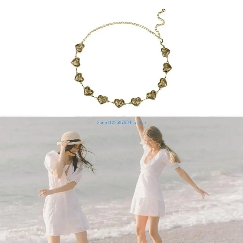 

N7YF Ethnic Waist Chain with Carved Heart Buckle Women Banquet Dress Belt