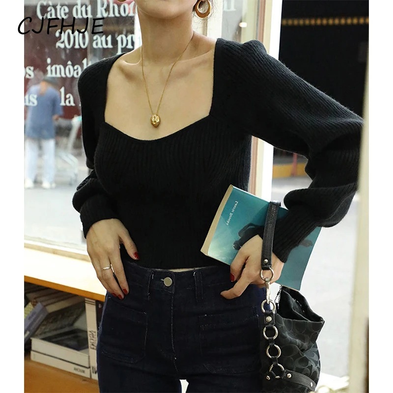 CJFHJE Vintage Square Neck Sweaters Women Elegant Red Knitted Pullovers Korean Slim Black Knitwear Streetwear All Match Jumpers