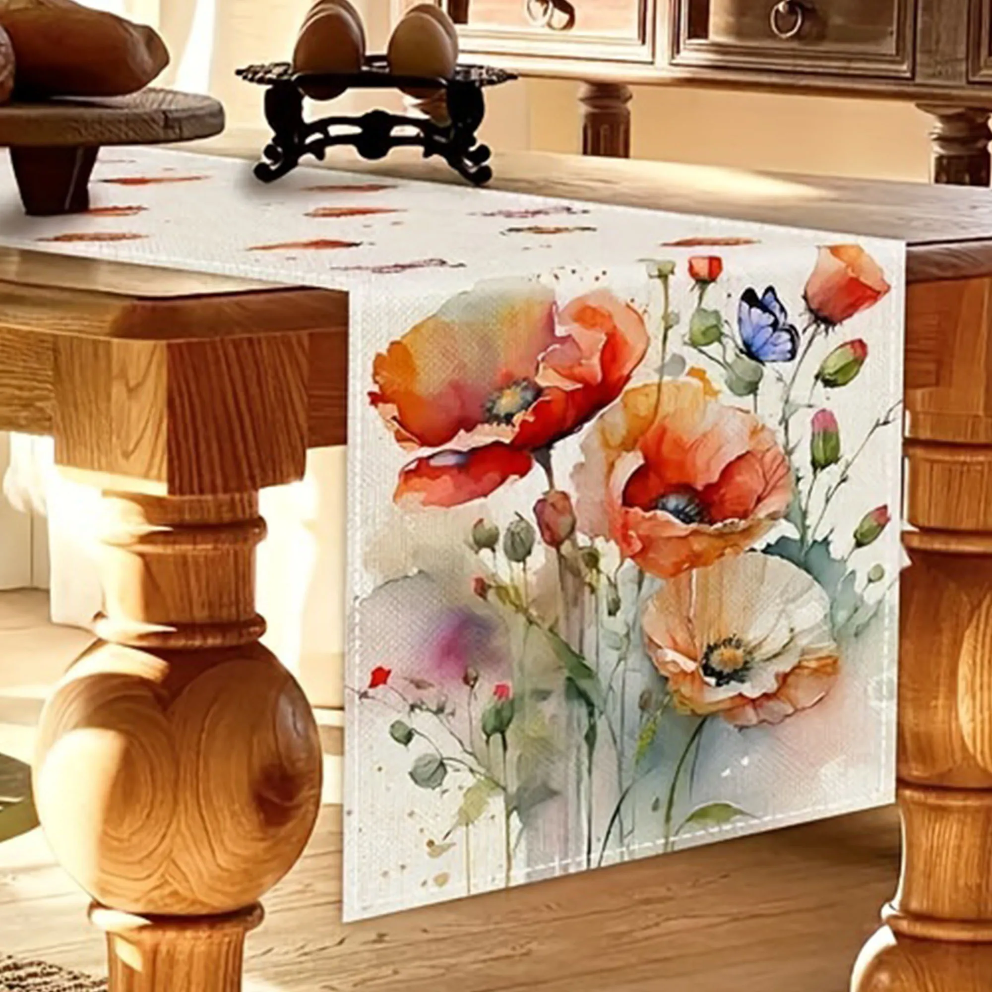 1 Stück, Leinen-Tischläufer, Aquarell-Blumen- und Blätter-Design, saisonale Sommer-/Herbst-Tischdekoration, für Hochzeit, Küche, Abendessen