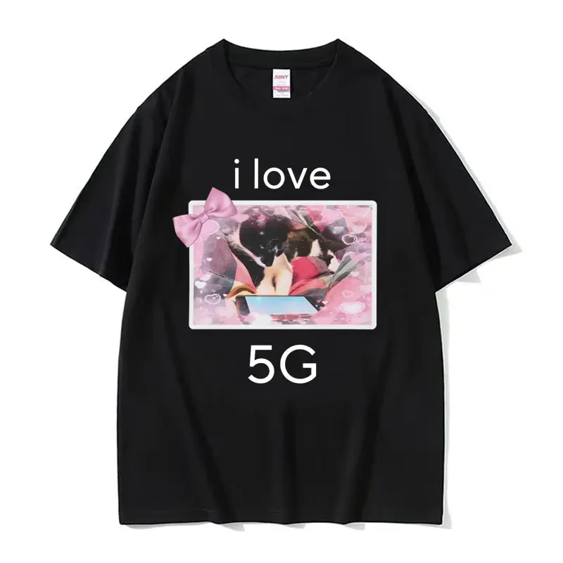 Funny I Love 5G Cat with Phone Meme Style T-Shirt Men Women Clothing Cute Graphic Tees Fashion Cotton Short Sleeve Tops T Shirts