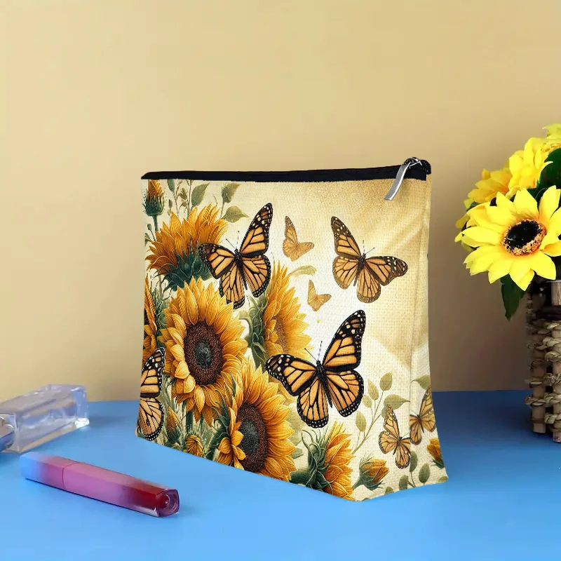 Un sac de maquillage tournesol et papillon – joli sac multifonctionnel à fermeture éclair pour femmes, sac de rangement de bijoux