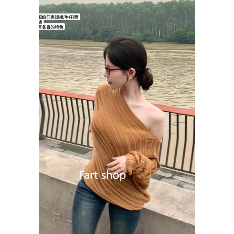 

Lazy Style Dropped Shoulder Irregular Design Drape Sweater Autumn Sexy Slanted Shoulder Slim Top