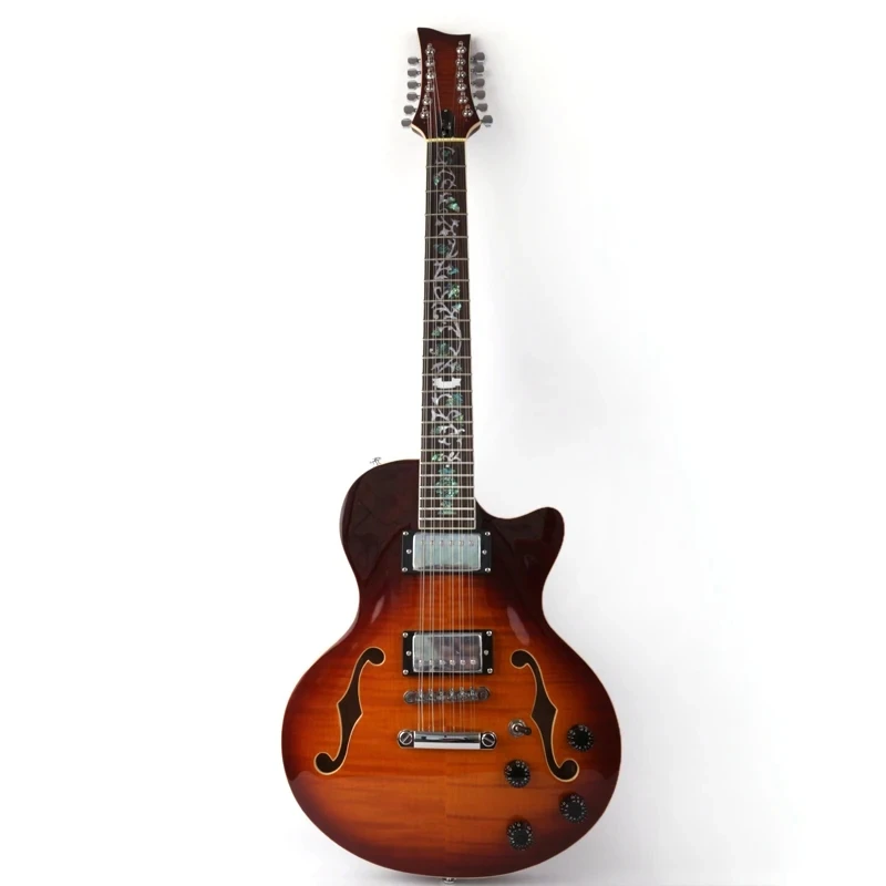 12 strings single cutaway double f hole electric jazz guitar tom bridge rosewood fingerboard sunburst color