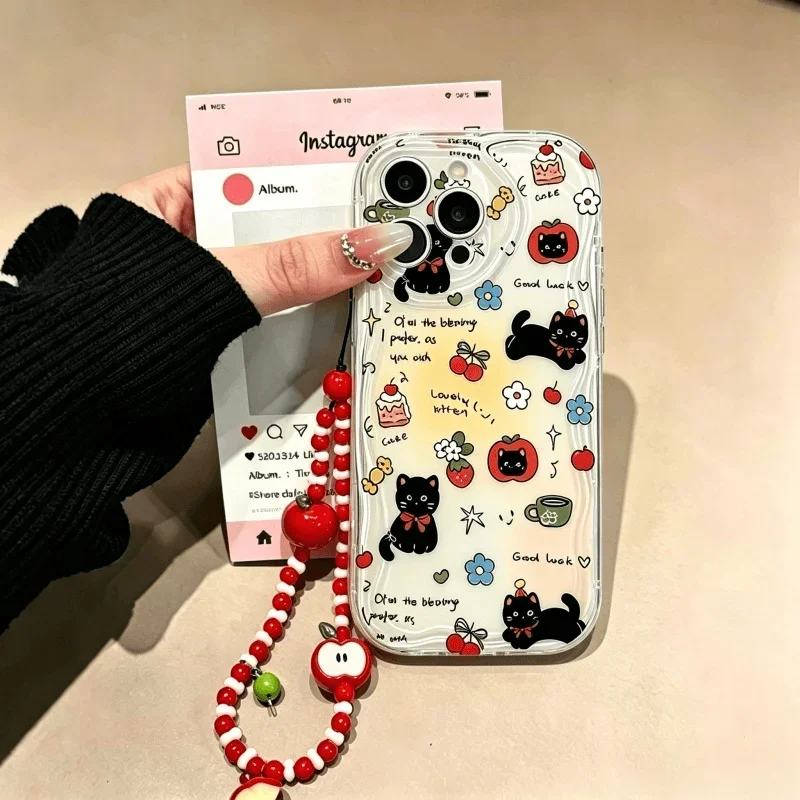 Cute Cat With Apple Fruit Chain Case For Samsung Galaxy S26 Ultra S25 S24 Plus S23 FE A17 A06 A07 A16 A56 M16 A36 A55 A15 Cover