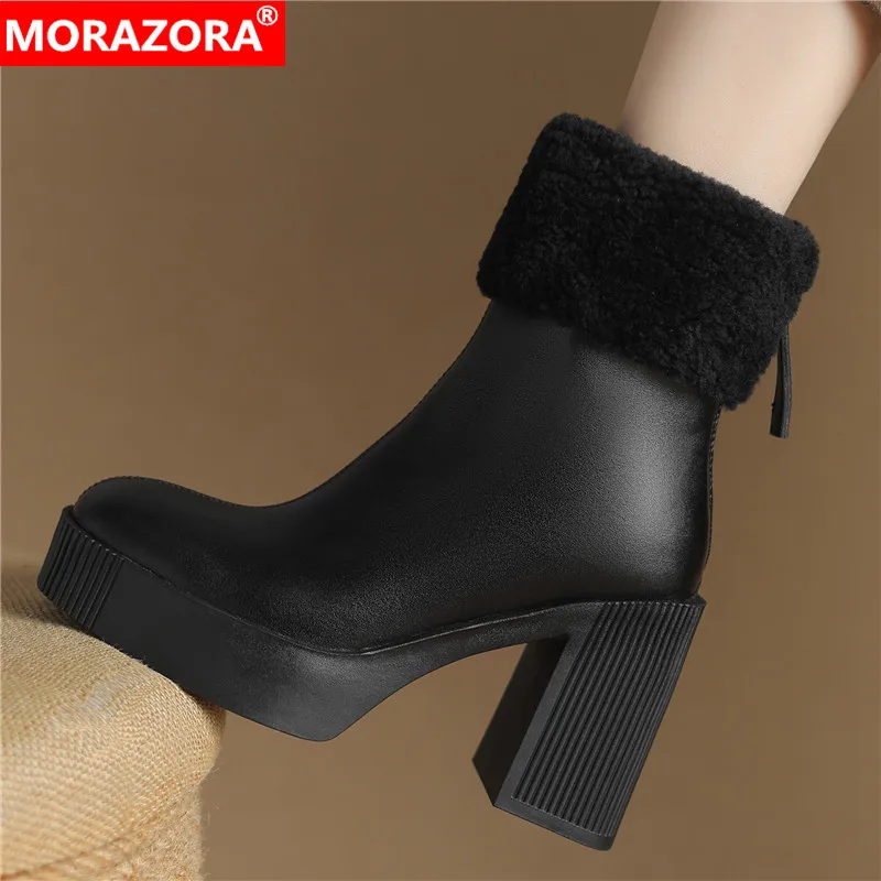 

MORAZORA 2024 New Nature Wool Warm Winter Boots Chunky High Heels Ankle Boots Zipper Ladies Platform Snow Boots Ladies Shoes