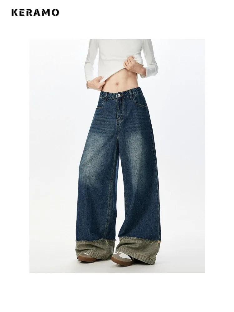 

Women Casual Baggy 2000s Denim Trouser Vintage Minimalist Washed Pants Grunge Street Retro High Waist Y2K Patchwork Jeans