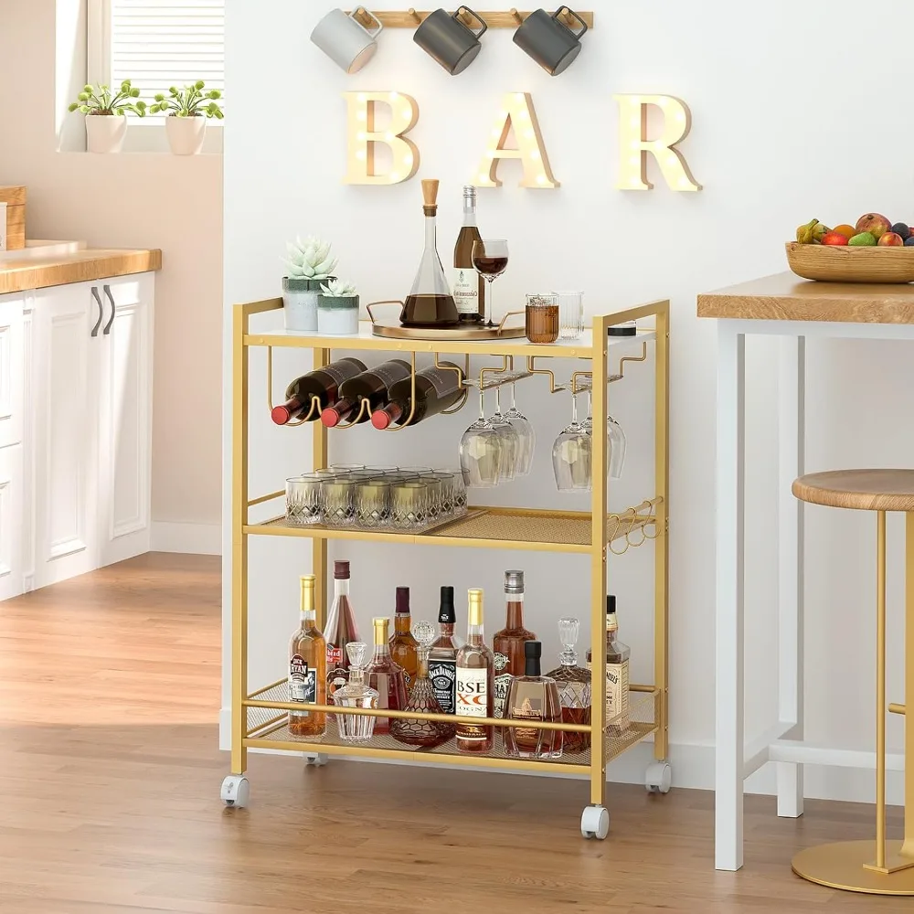 3-Tier Rolling Bar Cart with Wine Rack and Glass Holder, Mobile Kitchen Shelf for Dining Room, Gold view 5