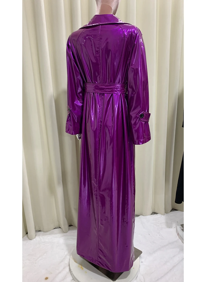 Spring Autumn Extra Long Shiny Reflective Soft Thin Bright Purple Faux Leather Coat Women Luxury Designer Floor Length Clothes