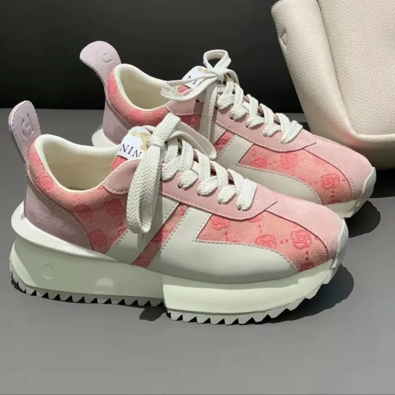 Pink Leather Waffle Forrest Gump Shoes Women 2023 Autumn Winter  Thick-soled Sneakers All-match Lightweight Casual Sports Shoes