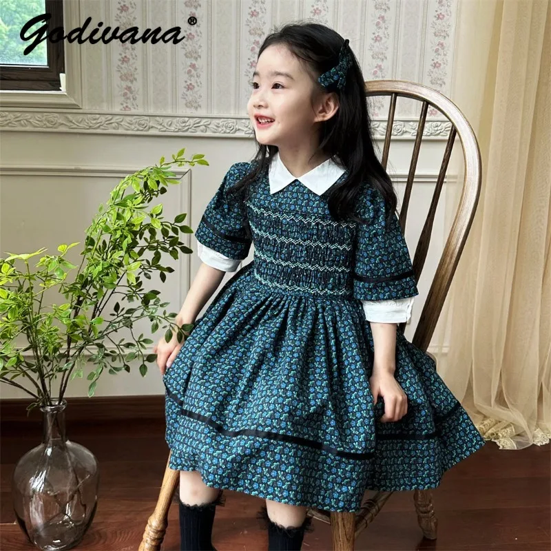 

Little Girls 2026 New Spring Vintage Floral Cotton Dress Handmade Embroidery Peter Pan Collar Smocked Waist Mini Casual Dress