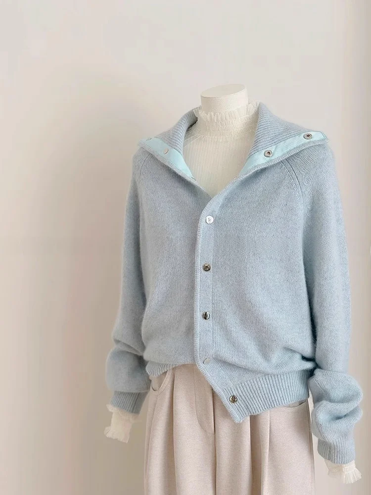 

Soft Milk Blue Thickened Bear Fur Knitted Sweater Women's Base Layer Cardigan Autumn Winter New Style round Neck Long Sleeve