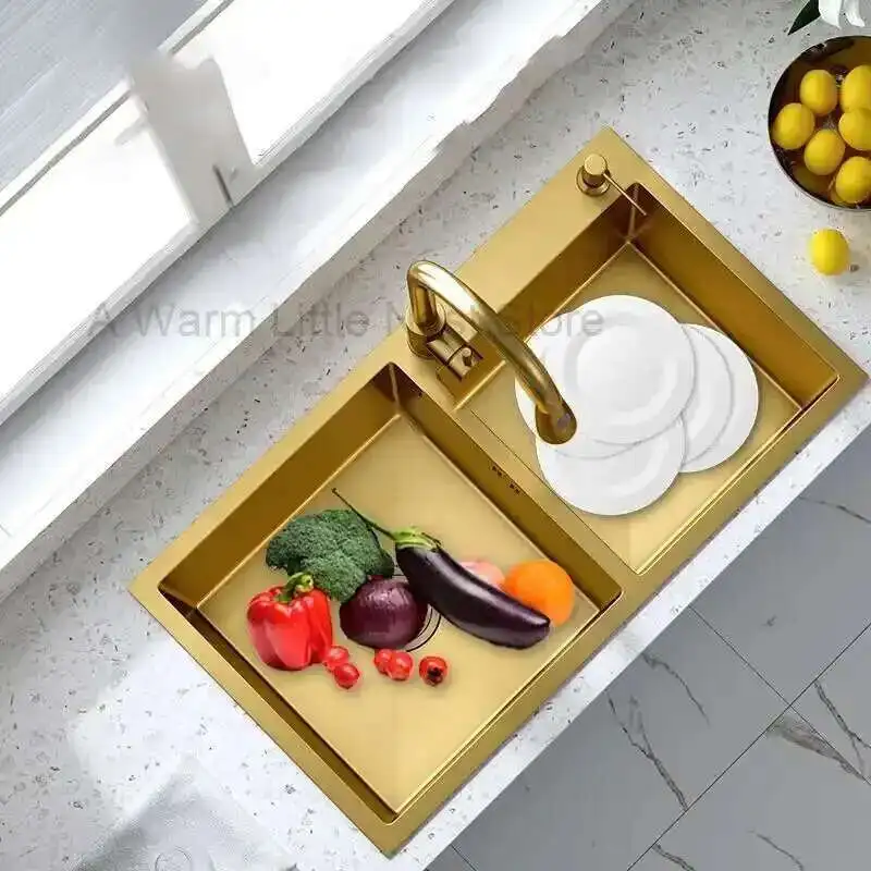 أحواض مطبخ فاخرة خفيفة من الفولاذ المقاوم للصدأ حوض مطبخ منزلي إبداعي كبير باللون الذهبي نانو إكسسوارات مطبخ مزدوجة مصنوعة يدويًا