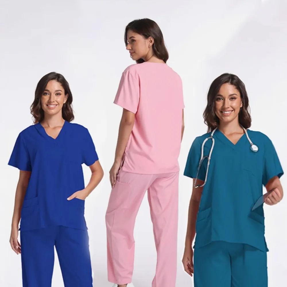 Medische scrubs voor dames - Top met V-hals en korte mouwen en broek met trekkoord, ziekenhuis, tandarts, dierenarts, verpleegster, arts, werkuniformset