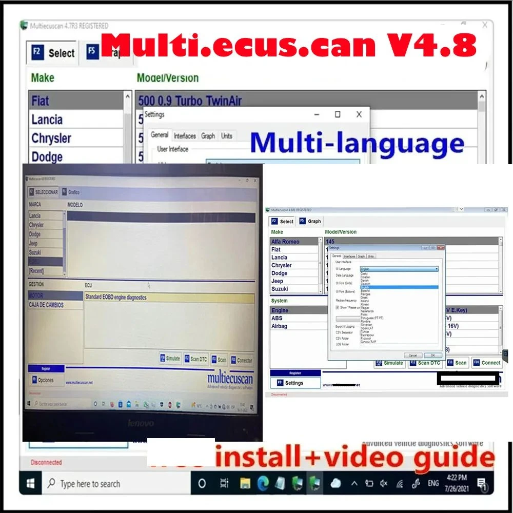 Latest Multiecuscan V4.8 For Fiat/Chrysler/Dodge/Jeep/Suzuki Scanner Software 4.8+ELM327+Flat adapter Registered Unlimite