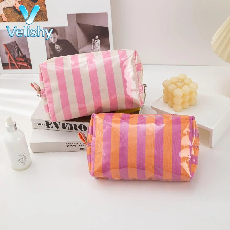 PVC Striped Cosmetic Bag Makeup Bag With Zipper Waterproof Travel Toiletry Bag Makeup Brush Case 1PC