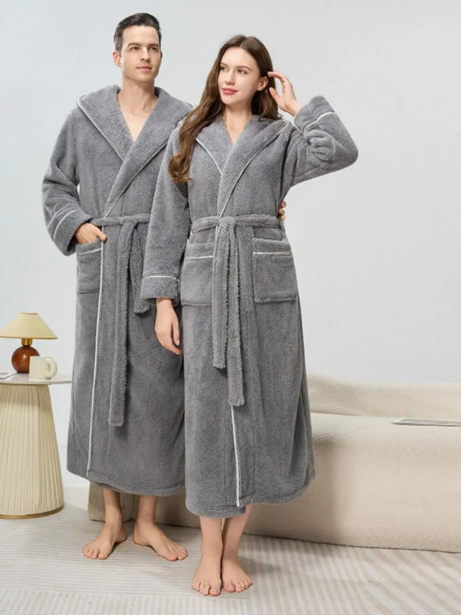 Couples Thickened Hooded Bath Robe Warm Sleepwear for Men And Women Cotton Velvet Winter Home Clothes Unisex Pajamas