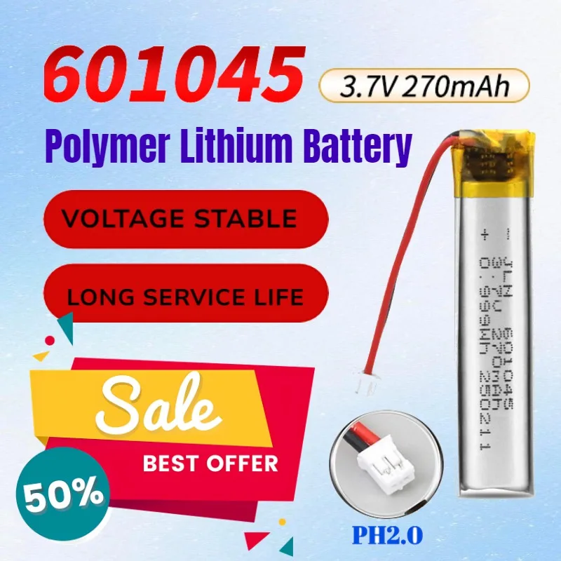 

Литий-полимерный аккумулятор PH2.0 3.7V 270mAh 601045 для наушников-ободков, спортивных наушников, косметических устройств, диктофонов
