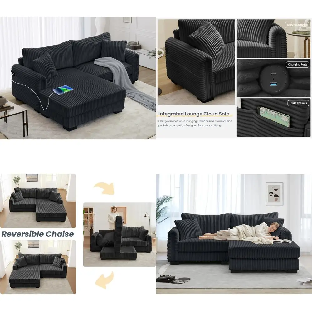 

Большой вельветовый L-образный секционный диван с двусторонним шезлонгом, USB-портом, боковым карманом, глубоким сиденьем для удобной гостиной Ro