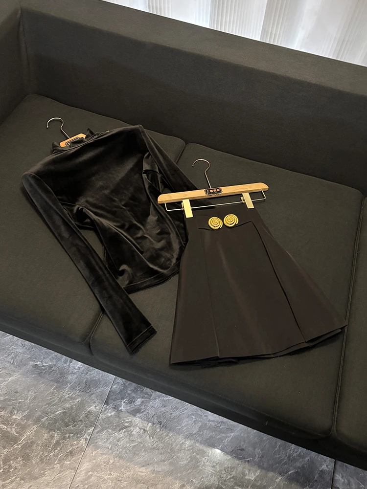 

Velvet High Ne Base Top And Metal Bule A-Line Skirt Set Women's Faion Autumn Winter Outfit Long Sve Commute Sle