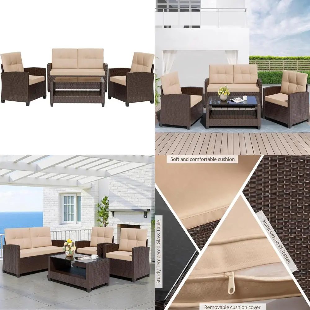 

4 Piece Patio Furniture Set, Outdoor Rattan Conversation Set with Coffee Table, Outside Wicker Sectional Sofa Couch with Cushio