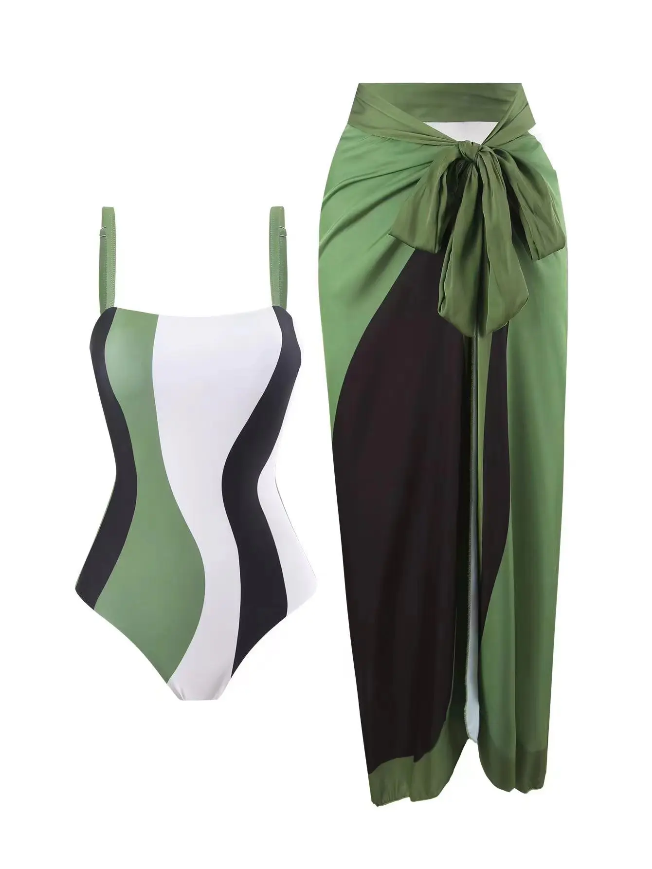 Summer new beach vacation hot spring one-piece bikini swimsuit, women's conservative sunscreen gauze skirt two-piece set,