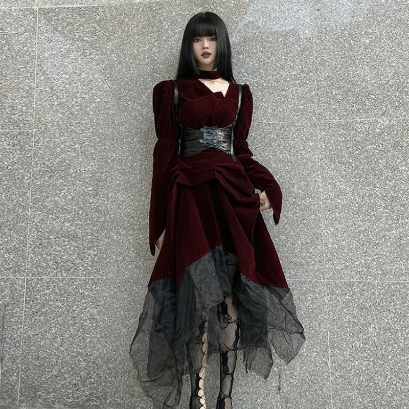 

2026 Темное французское винтажное платье Готическое женское платье