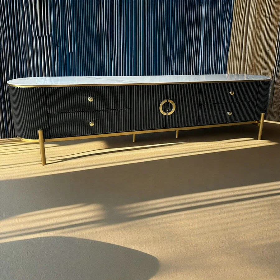 dl-Luxury Home Furniture TV-Ständer aus schwarzem Sinterstein mit Aufbewahrungsschublade
