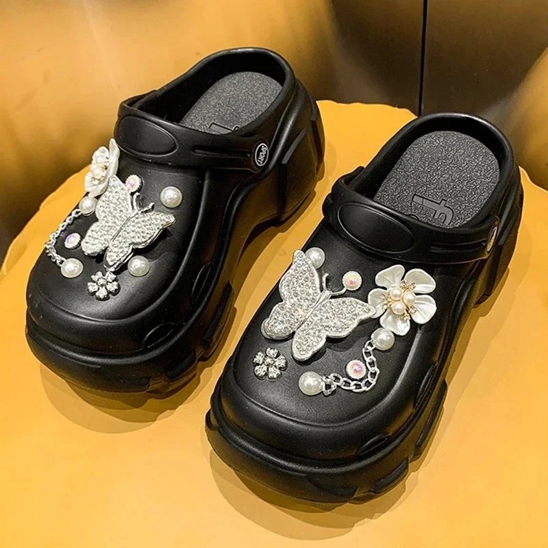 Bling Pearls Diamond Cute Bear Decor Vented Clogs Slides 7CM Platfrom Outdoor Beach Sandals Summer Girls Slippers Women Shoes