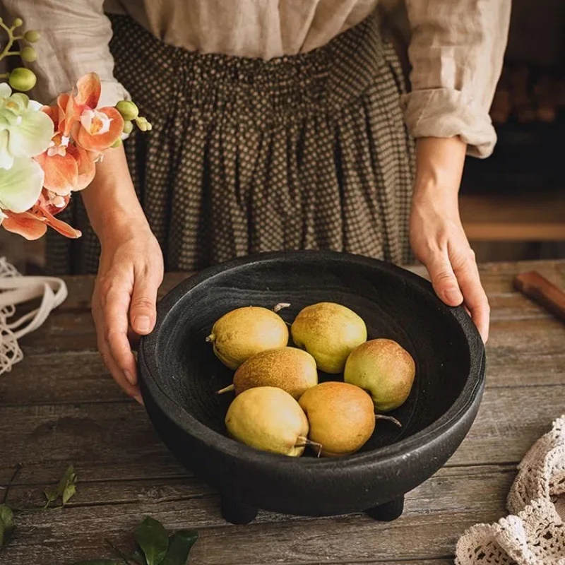 Nordic Retro Paulownia Wooden Plate High-end Fruit Plate Tray with 4 Legs Ornament Wood Pallet Storage Bowl Homestay Home Decor
