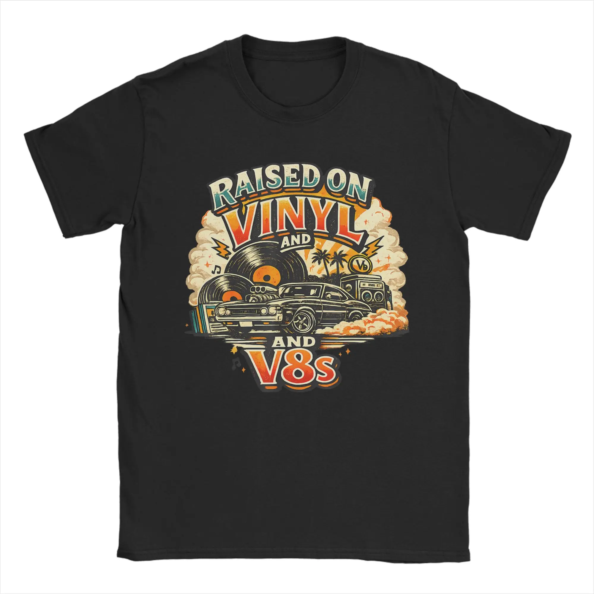 Raised On Vinyl and V8s Retro Car Music Culture T-Shirts for Men  Funny Pure Cotton Tees O Neck Short Sleeve T Shirt Plus Size